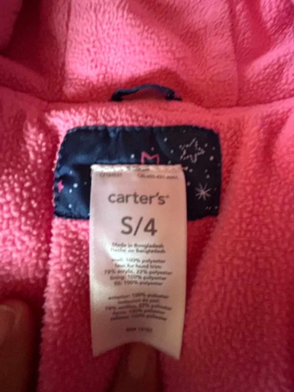 Carter's navy Star-Print Puffer Coat with Pink Lining and Faux Fur Hood